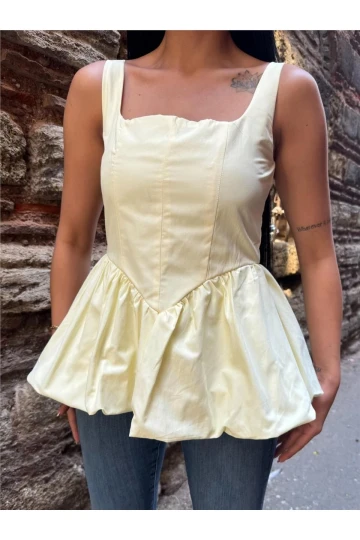 Sarı Pamuk Polyester Kare Yaka Balon Bluz