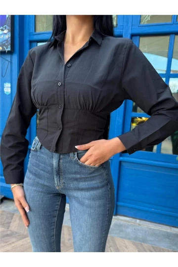 Siyah Desenli Polyester Parçalı Gömlek