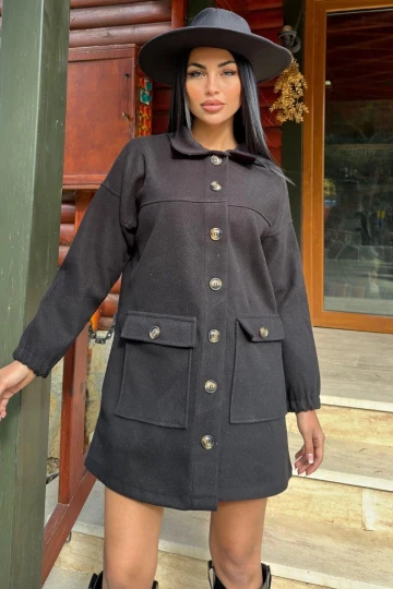 Siyah Düğme Detaylı Kapaklı Cep, Midi Polar Kaşe Ceket