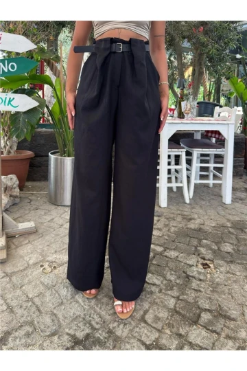 Siyah Keten Karışımlı Kemerli Pantolon