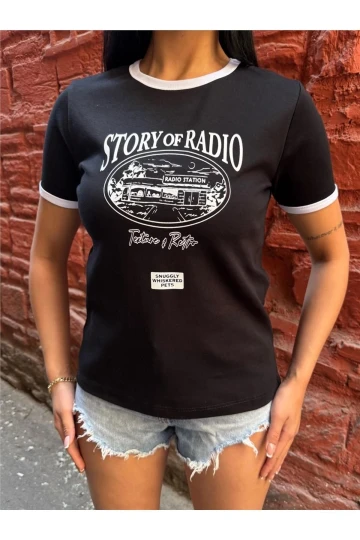 Siyah Kısa Kollu Pamuklu Radyo Baskılı Tişört