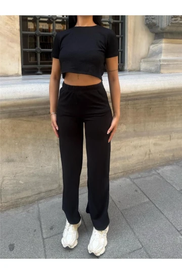 Siyah Modal Polyester Dokulu Bisiklet Yaka Takım