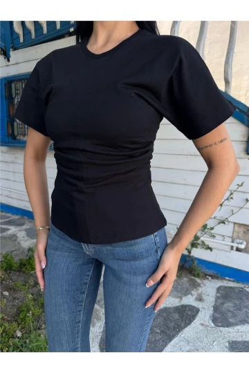 Siyah Pamuklu Yandan Büzgülü Bluz