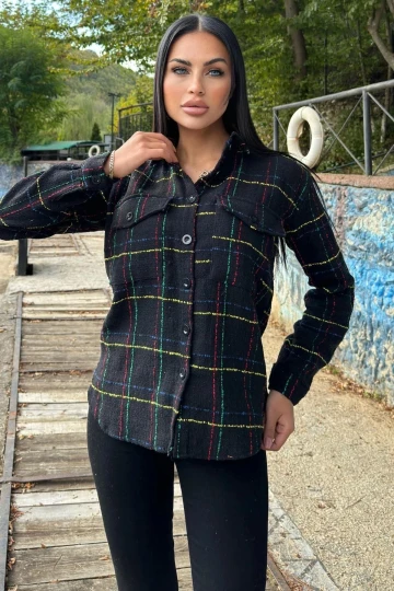 Siyah & Renkli Ekose Tüvit Kumaş, Çift Cepli, Uzun Salaş Gömlek Ceket