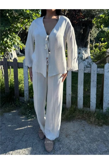 Taş Renk Bağlamalı Saten Kruvaze Takım