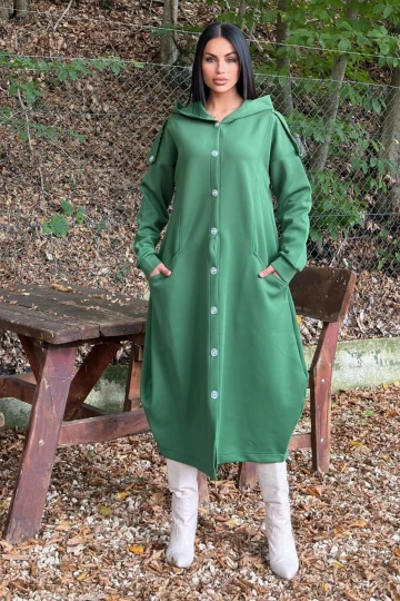 Zümrüt Yeşil Kapüşonlu, Uzun Kol, Düğme Detaylı, Eteği Oval, Cepli, Uzun Oversize Salaş Elbise