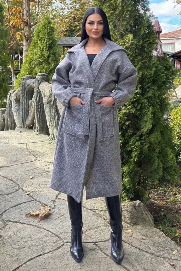 Antrasit Cepli, Balon Kol, Kemerli, Kalın Örgü Triko, Uzun Kaban