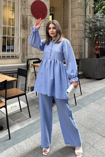 Bebe Mavi Hakim Yaka, Balon Kol, Tunik & Bol Paça Pantolon - Fırfırlı Salaş Alt & Üst Pamuklu Takım