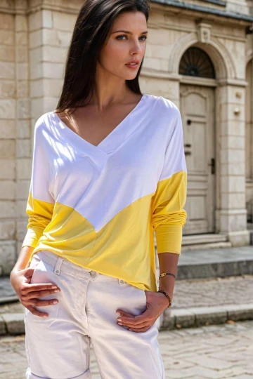 Beyaz Sarı, V Yaka, Renk Bloklu, Rahat Kesimli, Basic Bluz