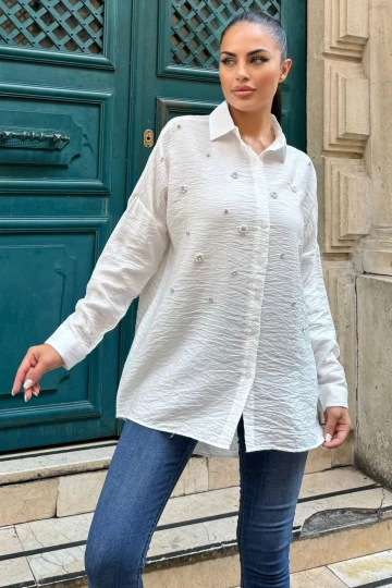 Beyaz Taş Detay Keten Klasik Gömlek