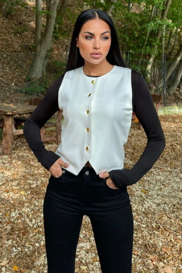 Beyaz Yuvarlak Yaka, Gold Düğmeli, Scuba Yelek