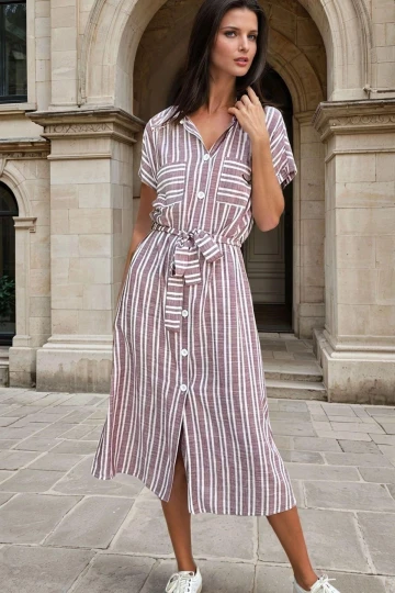 Bordo, Gömlek Yaka, Düğmeli, Kuşak Detaylı, Keten, Uzun Elbise