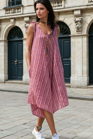 Bordo, V Yaka, Çizgili, İnce Askılı, Cep Detaylı, Salaş Kesim Tulum