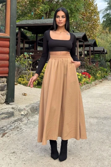 Camel Lastikli Yüksek Bel, A Kesim, Dökümlü Ve Salaş, Uzun Kupra Etek
