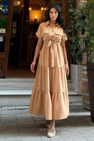 Camel Pliseli Cepli Maxi Kupra Elbise