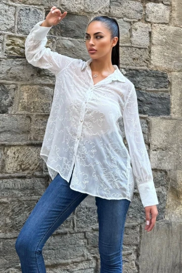Ekru Nakışlı Bürümcük Şifon Bluz