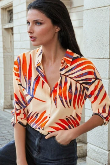 Ekru, Renkli Yaprak Desenli, Regular Kesim Gömlek