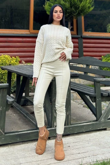 Ekru Yüksek Bel, Arkası Lastikli, Esnek Deri Tayt