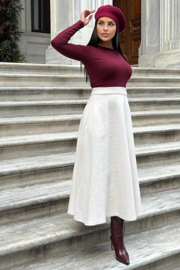 Ekru Yüksek Bel, Cepli, Kiloş Kesim, Kırçıllı Kaşe Uzun Etek