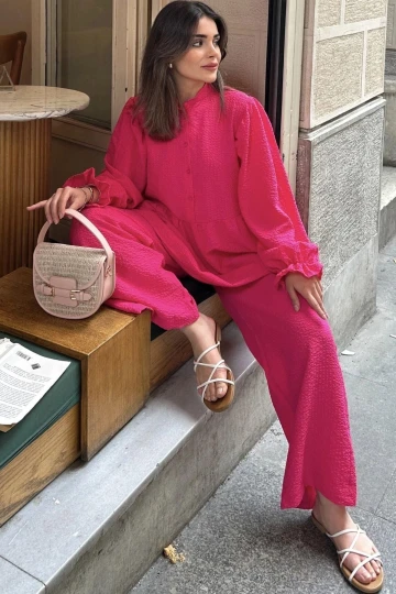 Fuşya Hakim Yaka, Balon Kol, Tunik & Bol Paça Pantolon - Fırfırlı Salaş Alt & Üst Pamuklu Takım