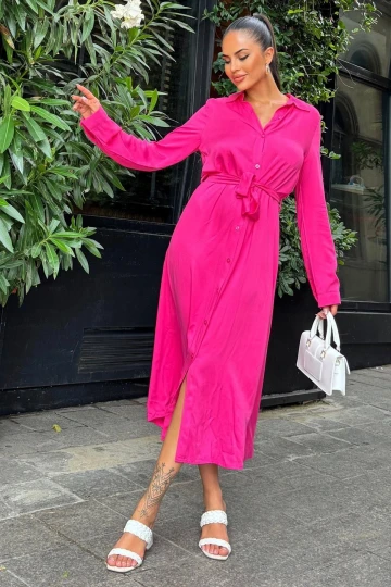 Fuşya Kuşaklı Viskon Fit Elbise Gömlek