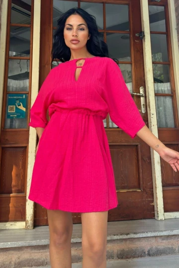 Fuşya Yaka Detaylı Kloş Elbise