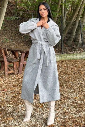 Gri Cepli, Balon Kol, Kemerli, Kalın Örgü Triko, Uzun Kaban