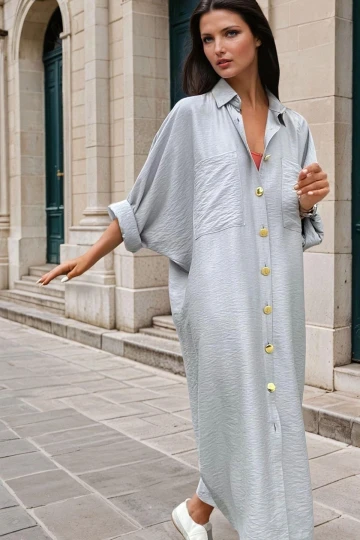 Gri Cepli, Uzun Kollu, Düğme Detaylı, Gömlek Elbise