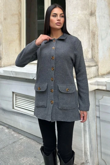 Gri Çift Cepli, Yumuşak Dokulu Uzun Kaşe Ceket