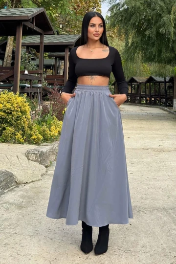 Gri Lastikli Yüksek Bel, A Kesim, Dökümlü Ve Salaş, Uzun Kupra Etek