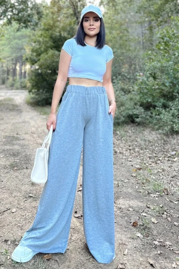 Gri Lastikli Yüksek Bel, Cepli, Bol Paça, Salaş Pantolon