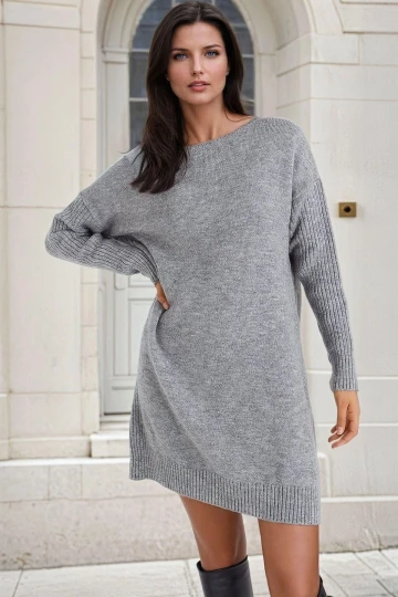 Gri Midi Boy, Sırt Detaylı, Basic Triko Elbise