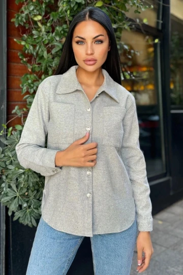 Gri Uzun Kol, Çift Cepli, Eteği Oval Kesim, Kaşe Gömlek Ceket