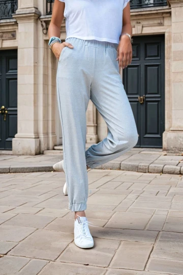 Gri Yüksek Bel, Paçası Lastikli, Spor Jogger Pantolon