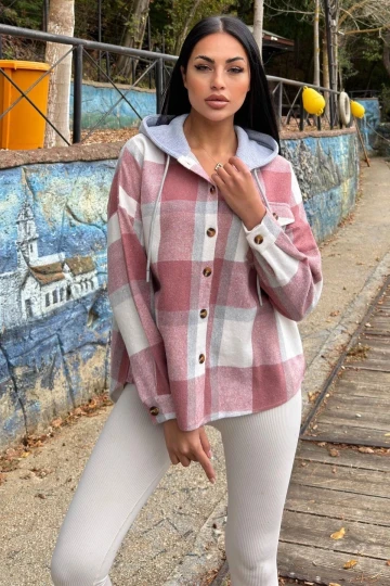 Gül Kurusu Ekose Desenli, Yumuşak Dokulu, Kapüşonlu Oduncu Gömlek