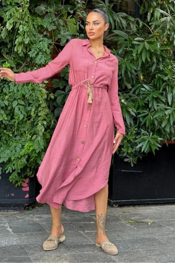 Gül Kurusu Katlamalı Uzun Kol, Keten/Airobin Kumaş, Beli Büzgülü, Hasır Kemerli Uzun Gömlek Elbise