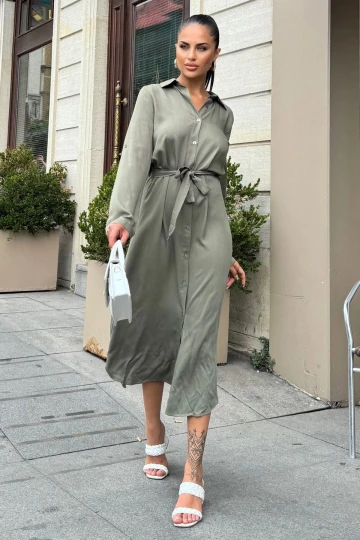 Haki Beli Kuşaklı Viskon Midi Gömlek Elbise