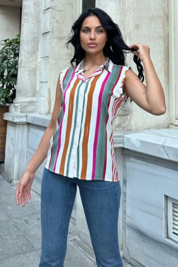 Haki Çizgili Kolsuz Viskon Gömlek