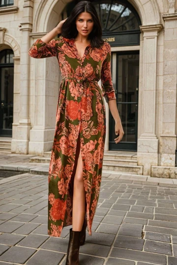 Haki Gömlek Yaka, Çiçek Desenli, Kuşak Detaylı, Uzun Elbise