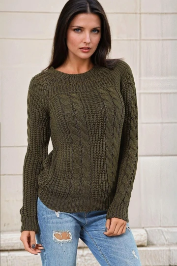 Haki Yuvarlak Yaka, Örgü Desenli, Triko Kazak