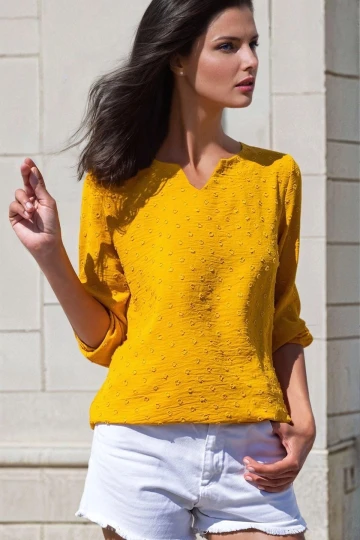 Hardal Kendinden Dokulu Ponpon Kumaş, Bluz