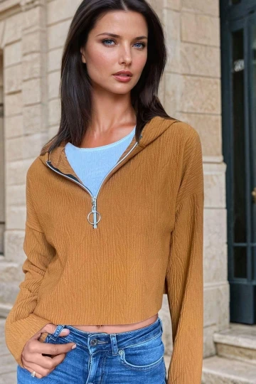 HardalYarım Fermuarlı, Kapüşonlu, Casual Bluz