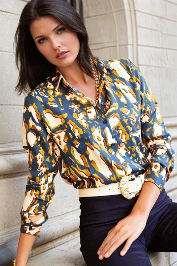 İndigo Geometrik Desenli, Regular Kesim Gömlek