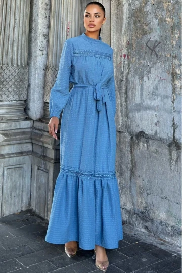 İndigo Kuşaklı, Dantel Detaylı, Maksi Lotus Elbise