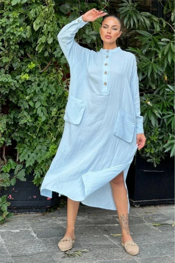 Kadın Bebe Mavi Oversize, Rahat Kesim, Cepli, Uzun Müslin Elbise