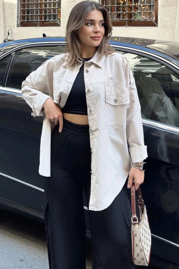 Kadın Bej Apolet Ve Zımba Detaylı, Salaş Kesim, Terletmez, Poplin Gömlek