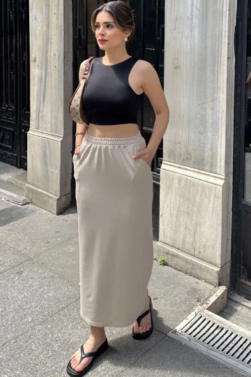 Kadın Bej Beli Lastikli, Rahat Kalıp, Cepli Uzun Etek