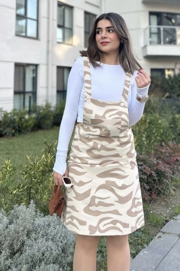 Kadın Bej Desenli, Geniş Cepli, Kalın Askılı, Gabardin Salopet Elbise