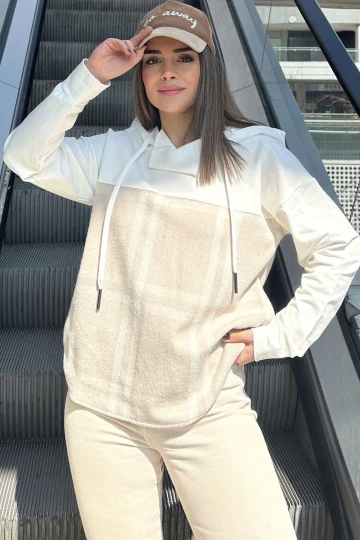 Kadın Bej Ekose Garnili, Rahat Kesim, Kapüşonlu İki İplik Sweatshirt