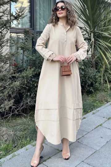 Kadın Bej Hakim Yaka, Lastikli Balon Kol, Etek Ve Kolu Kat Kumaş Dikişli, Uzun Salaş Elbise